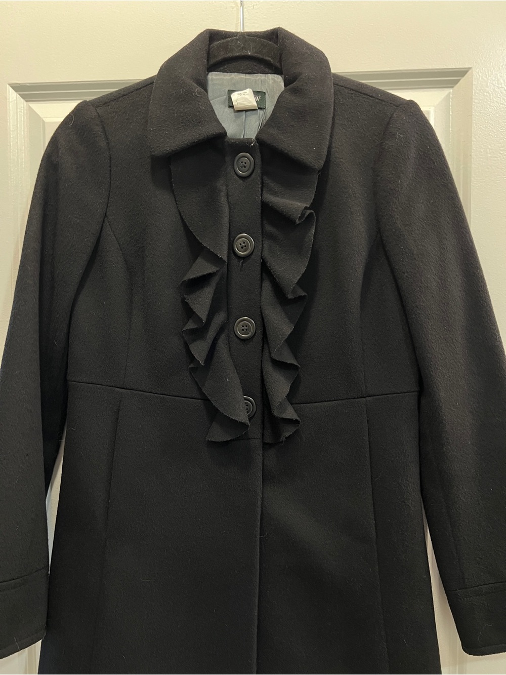 J. Crew Black 100% Wool Ruffle Front Coat Size 0 Fall Winter Classic Preppy - Picture 2 of 6